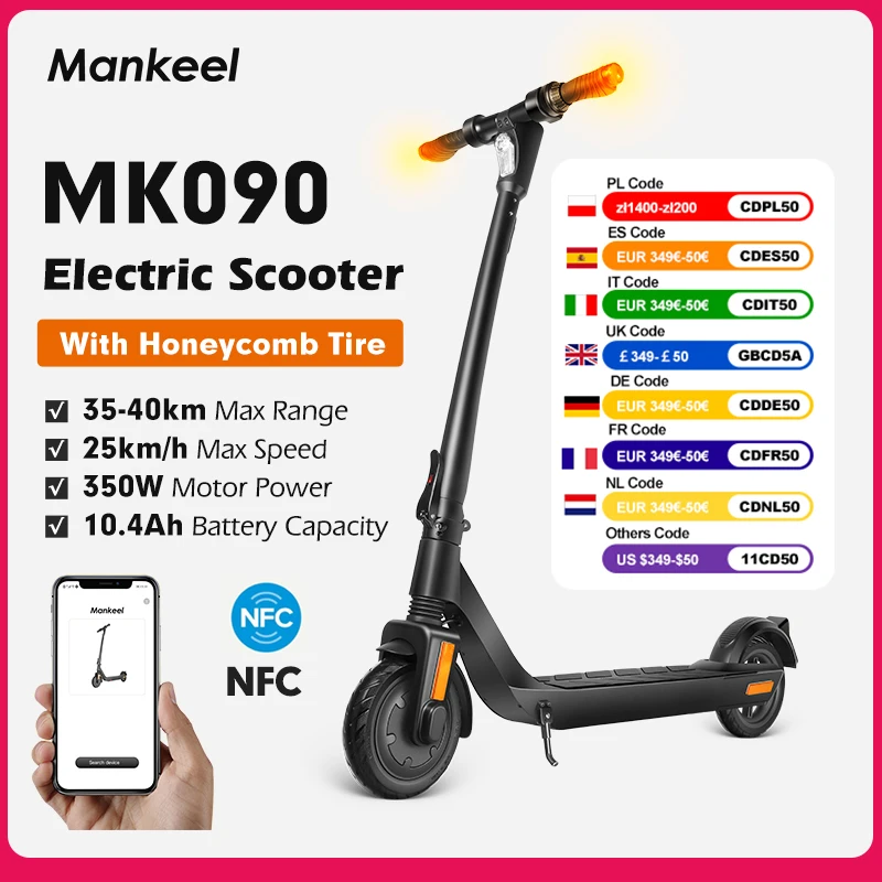 Mankeel MK090 350W Electric Scooter 25km/h 16mph 10.4Ah Foldable APP Smart Adult Scooter E-Scooter