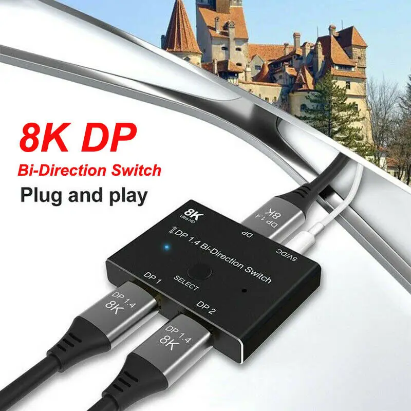 8K DP Switcher Displayport 1.4 Bi-direction Switch Splitter 2X1 1X2 2 In 1 Out 8K@30Hz,2K@144Hz 1080p@60hz Audio Video Converter