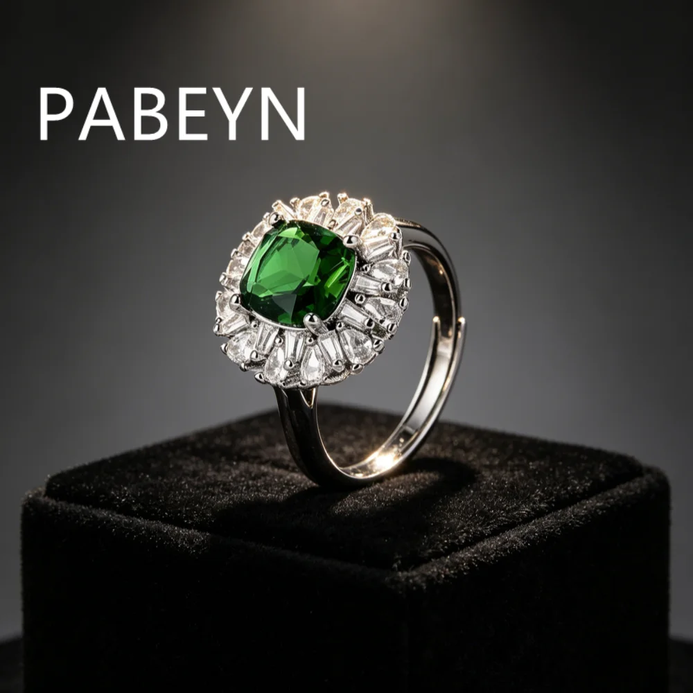 

925 Sterling Silver Fashion Luxury Emerald Square Zircon Ring Birthday Party Anniversary Gift