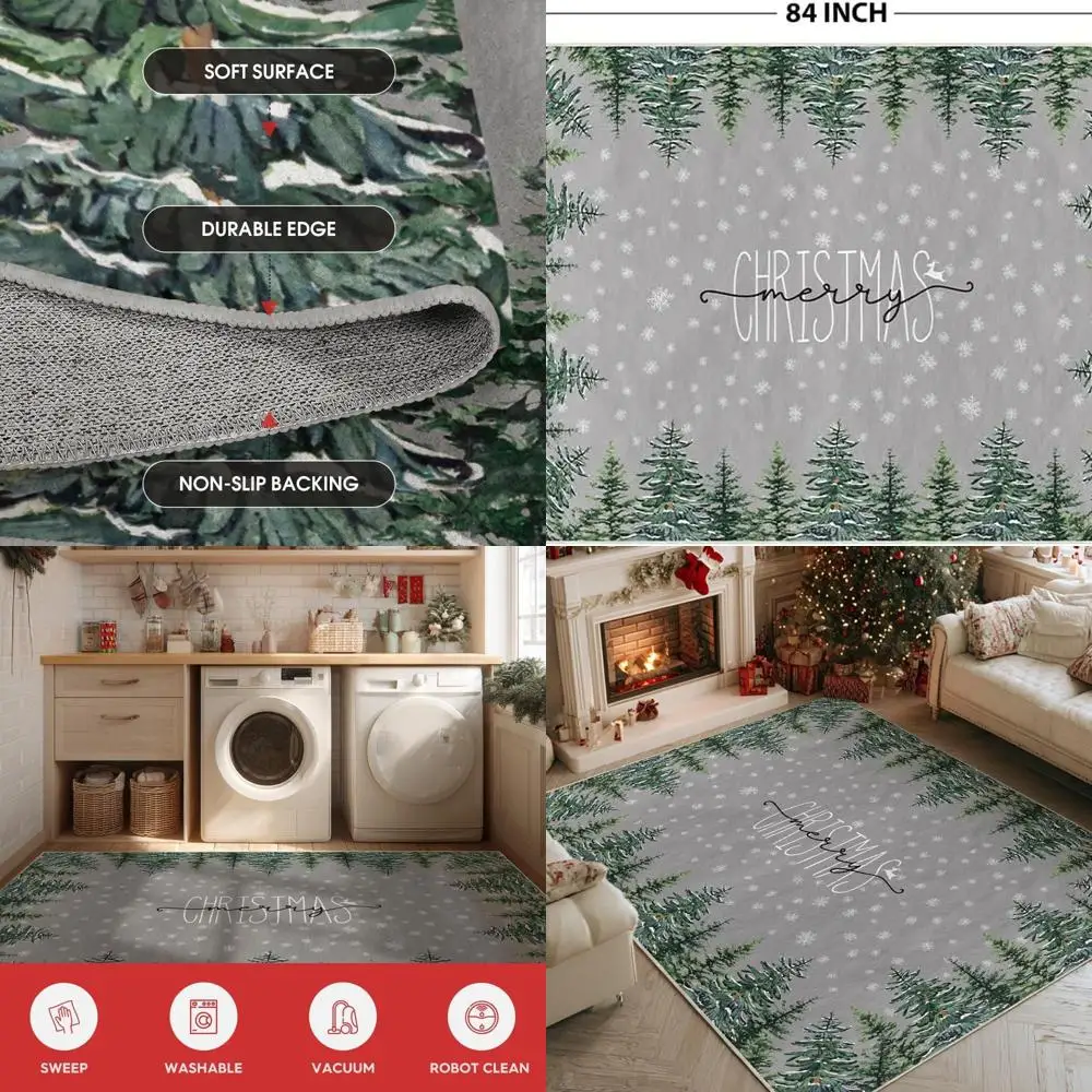 

Merry Christmas Grey Pine Tree Area Rug - Low Profile, Washable for Home, 5x7 Feet