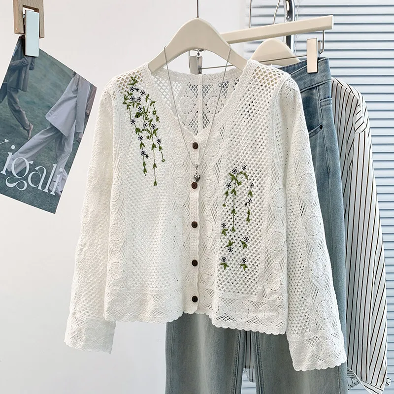 Hollow Out Crochet Women' Shirt 2026 Autumn French Style Embroidery Long Sleeve Coats V-neck Loose Sun-protective Clothing