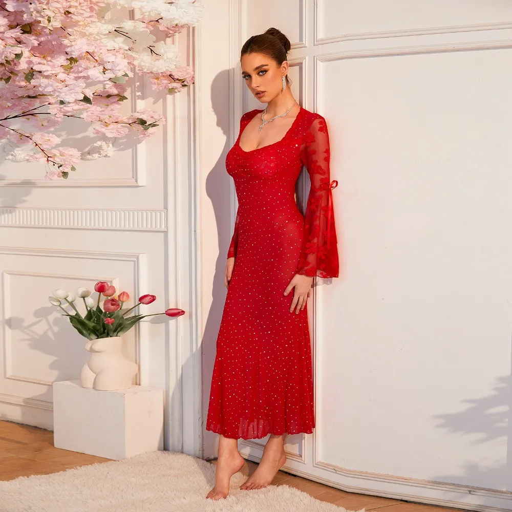 Eurepean Glitter Sequin‌ Western Sheer Mesh Lace Flare Sleeve Mermaid Dress Waist Cinched Gown with Removable Bra Pads for Women