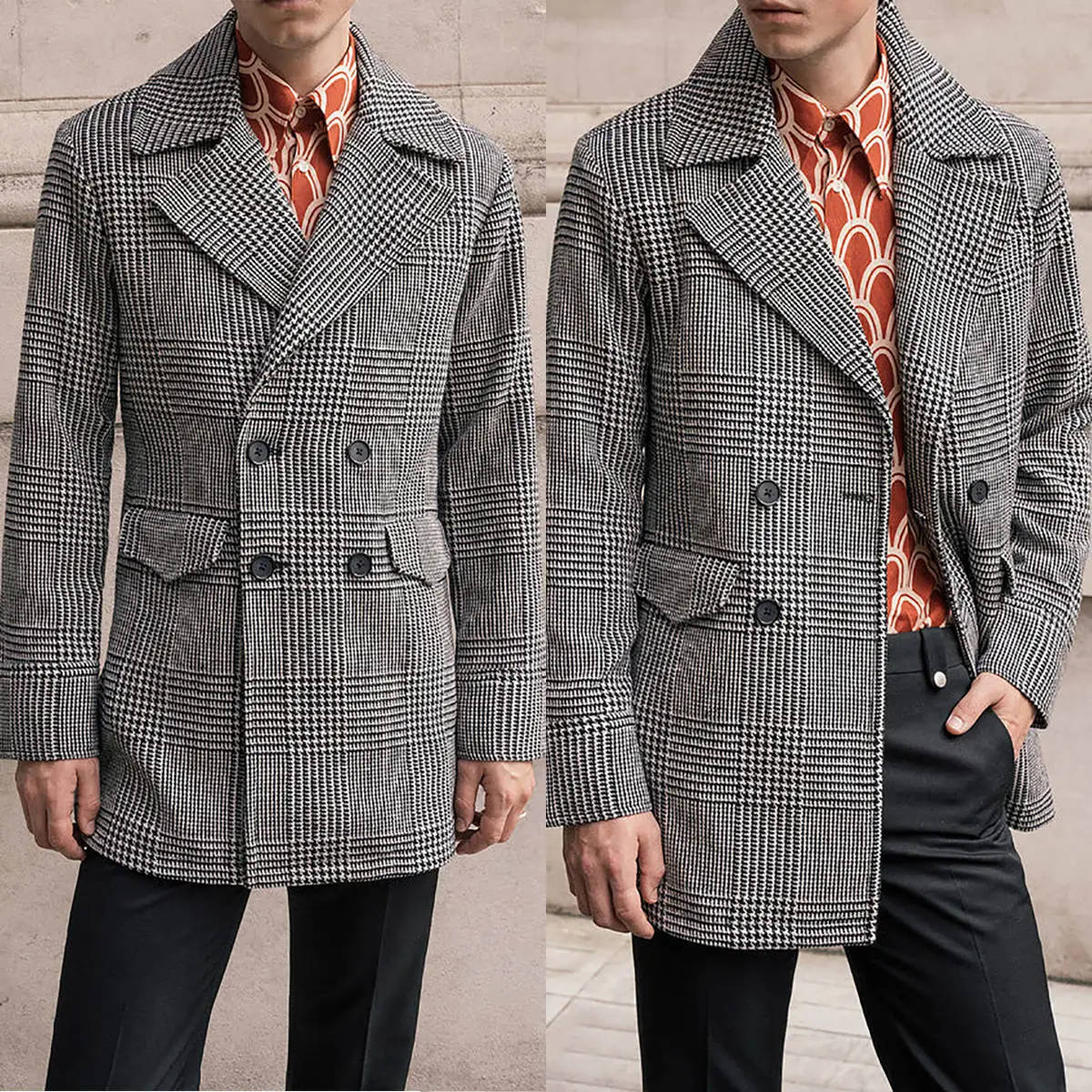 

Vintage Single Breasted Houndstooth Men Coat Travel Notched Lapel Causal Tailored Overcoat Warm Formal Business Custom Made