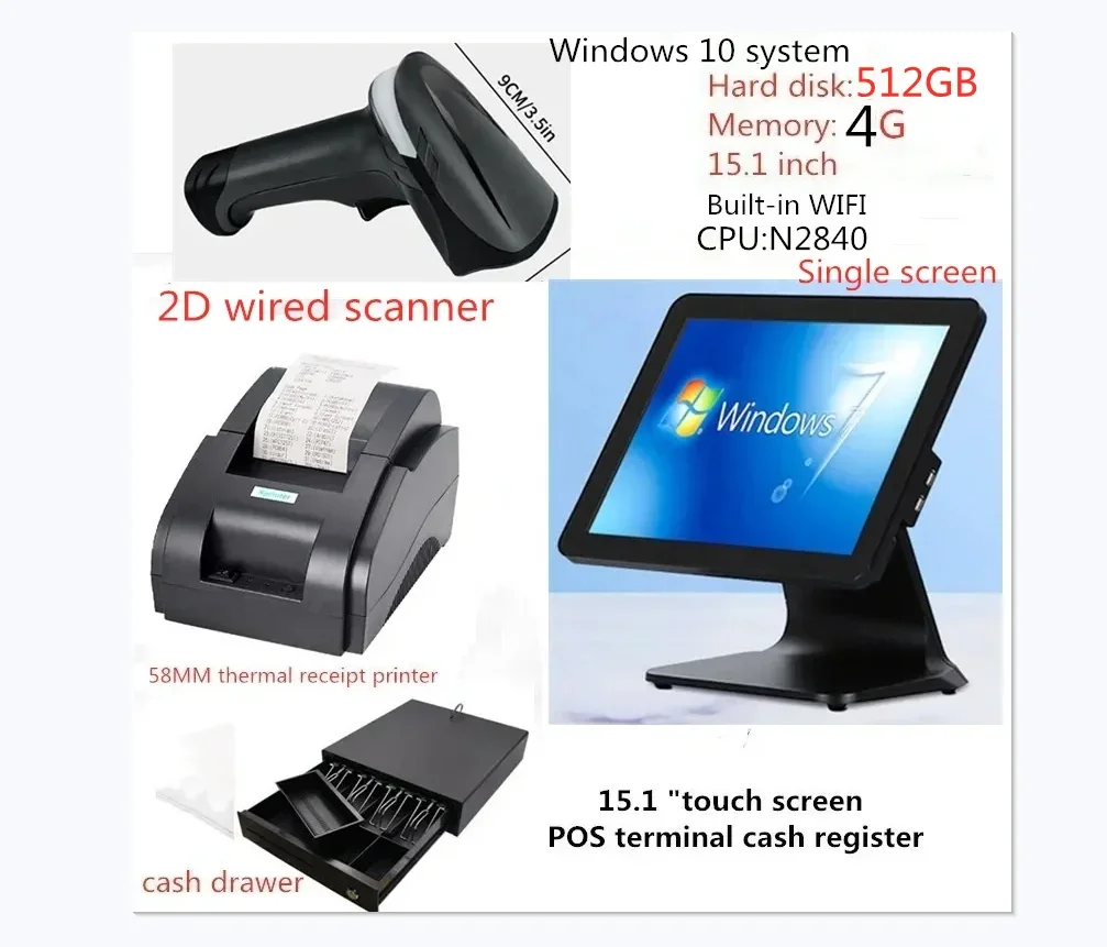 1Pcs 15.1 inch touch screen (Single screen) +1Pcs cashier box +1Pcs 58mm ticket printer +1Pcs 1D code wired scanner