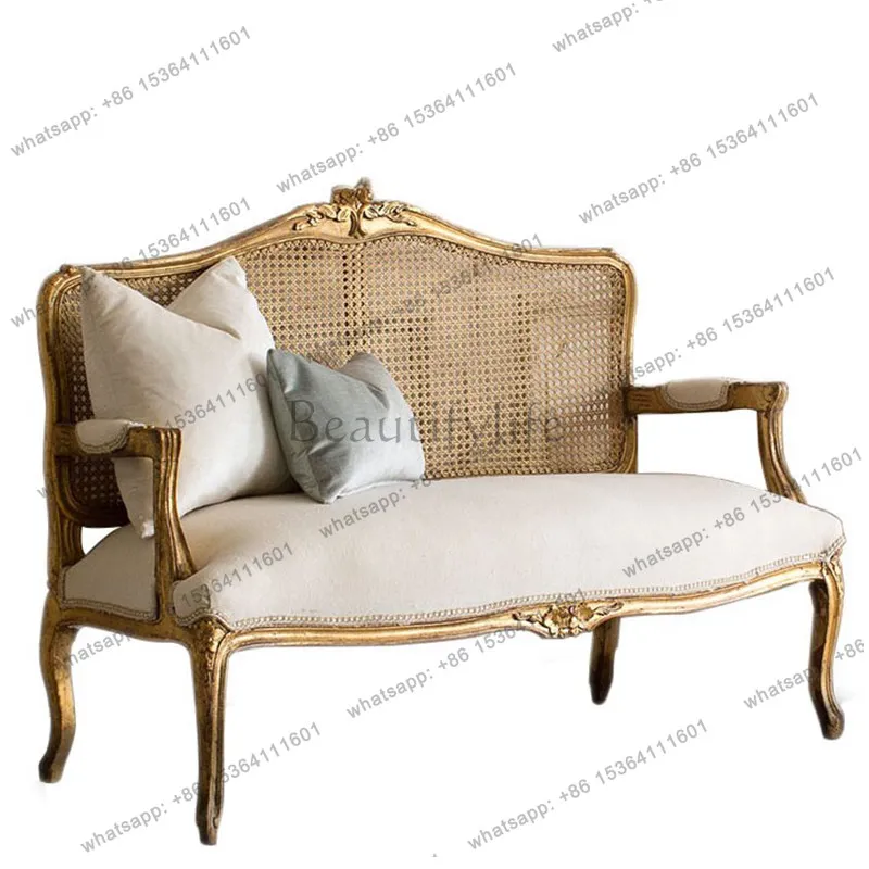 

French solid wood carving flower gold old braided rattan backrest double triple armrest sofa retro style furniture