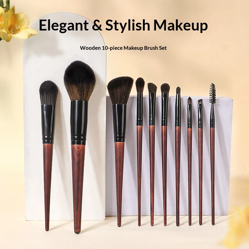 10Pcs Wooden Handle Makeup Brush Set Eyeshadow Foundation Powder Blending Soft Fiber Brushes