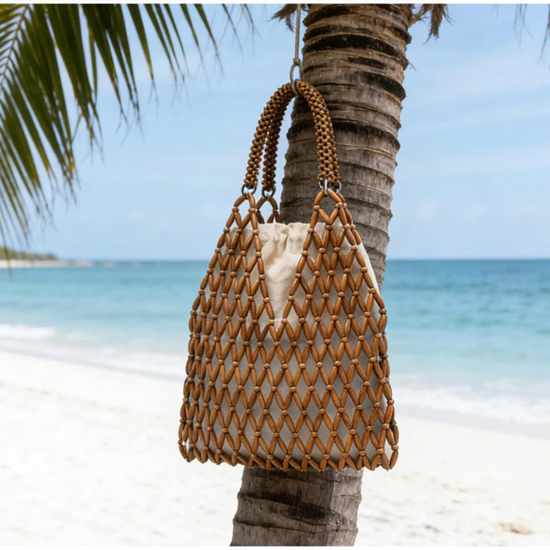Ahornholz-Perlen-Handtasche, Damen Große Kapazität Hohle Strand-Urlaubstasche, Sommerliche Lässige Schicke Handgewebte Tragetasche – Detail 26