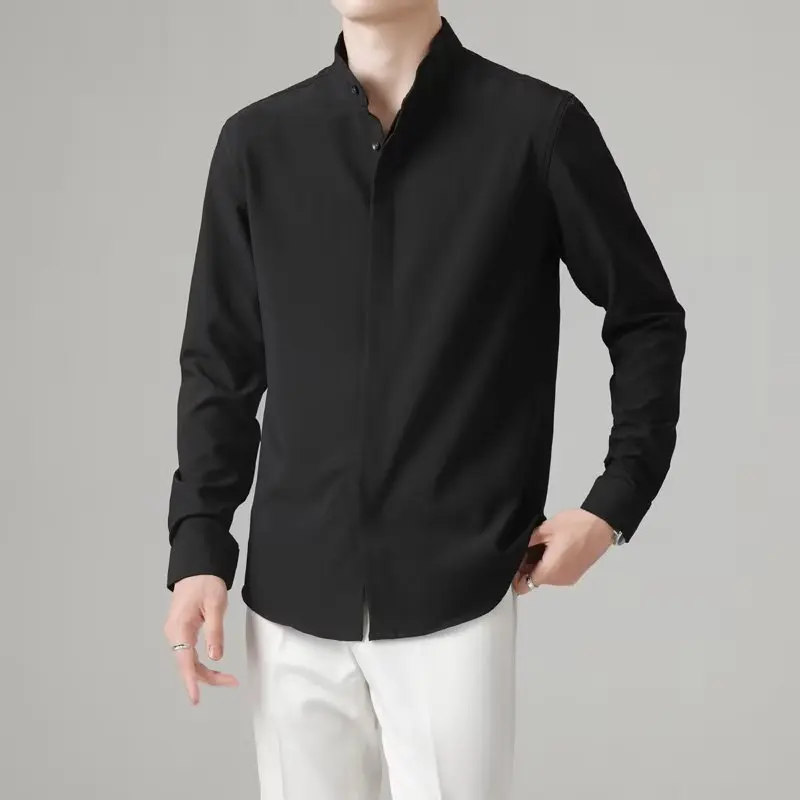 قمصان كاملة الأكمام للرجل فستان رسمي Camisa Social Masculina Luxo 2025 قميص رجالي أنيق بياقة واقفة قميص عمل اجتماعي للأعمال