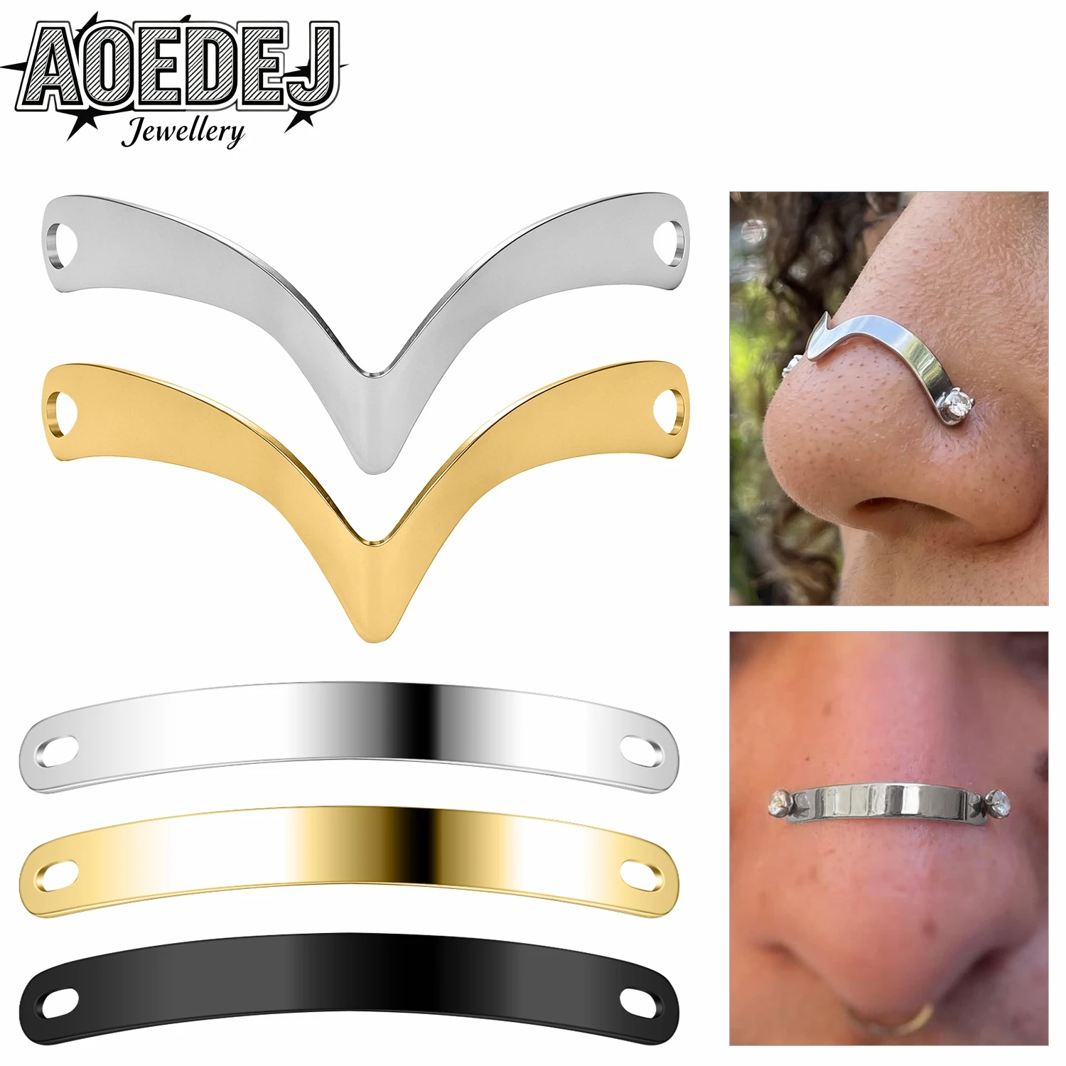 AOEDEJ 1 Stück Punk-Nasenpiercing aus Edelstahl für Damen und Herren, verbindender Nasenstecker, gebogen, 3 Farben, Nasenloch-Piercing