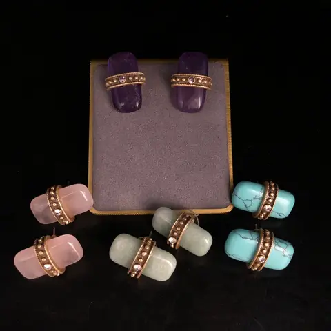 KEQIU  VINTAGE luxury earrings with simple design, pink crystal, blue gold, green jade and turquoise versatile ear studs