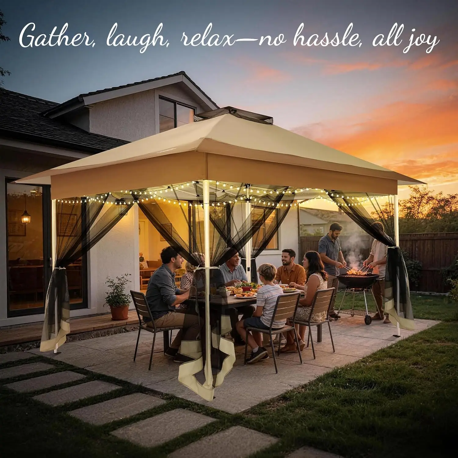 10x15 Pop up Canopy Tent with Mosquito Netting for Lawn Garden Backyard Patio Outdoor Water Resistant UPF50+ Khaki, Customized