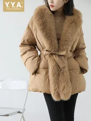 Luxury Women Winter Big Fox Fur Collar White Goose Down Jacket Belted Loose Fit Overcoat Vintage Office Ladies Work Warm Coat