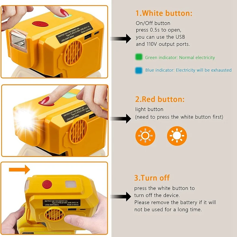 200W Power Inverter For Dewalt 20V Lithium Battery To 220V Portable Power USB Adapter With LED Light Durable