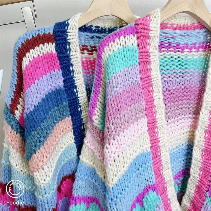 Multi Color Knit Cardigan Striped Handknit Knit Sweater Chunky Vintage Long Sleeve Crochet Tops Autumn/Winter Woman Clothing