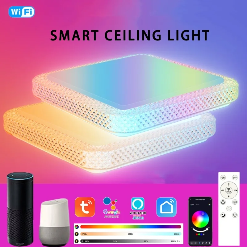 Tuya Smart Square LED Ceiling Light RGB Remote Dimming Alexa Google Voice Control Bedroom Home Decoration Lighting Fixtures