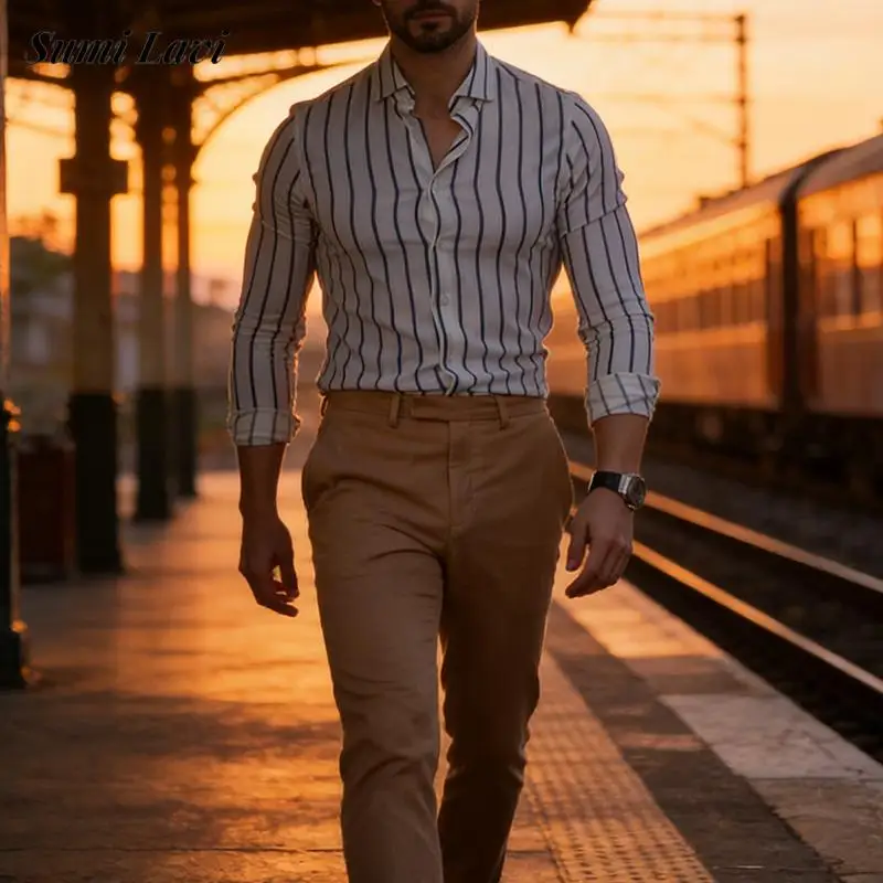 

Мужские повседневные рубашки на весну-осень 2026: винтажные рубашки с отложным воротником на пуговицах, с длинным рукавом, стильные полосатые принты