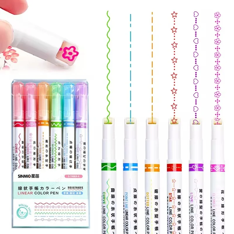 6 Stück/Set, Highlighter-Marker-Set, niedlicher Schreibwaren-Stil für Journaling, Zeichnen, Schule, Blumenform, Linien-Design, Studenten-Kunsthandwerk