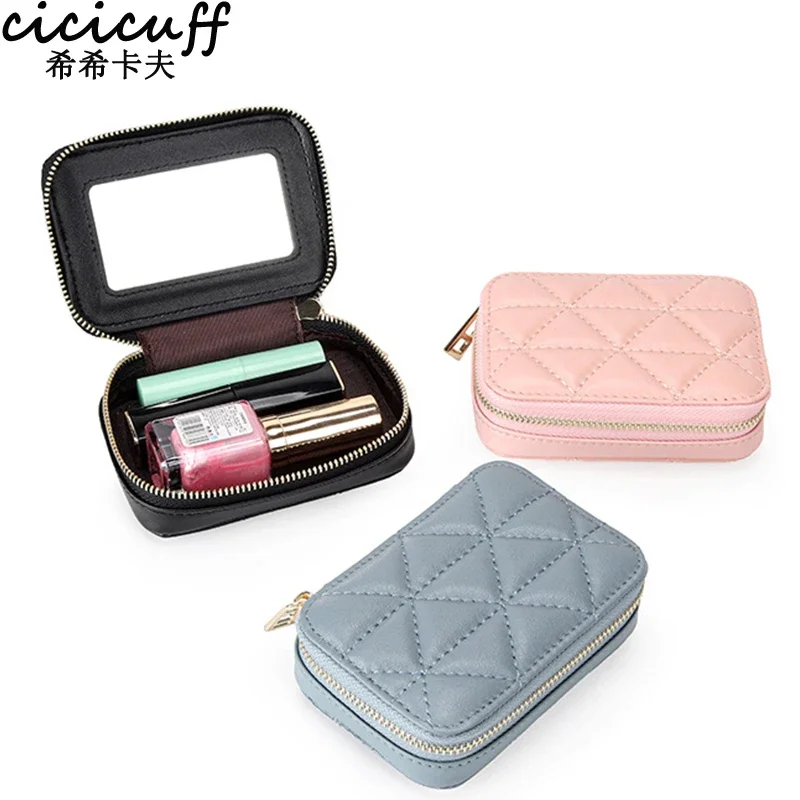 2023 Fashon Lipstick Box Square Travel Genuine Leather Makeup Organizer Case with Mirror Lip Sticks Leather Holder Cosmetic Bag