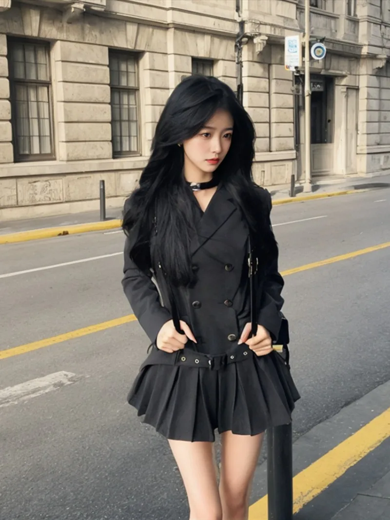 Shpmishal Korean Fashion High-end Waist Cinched Suit Dress 2024 Women's Autumn College Style Pleated Short Dress Female Clothes