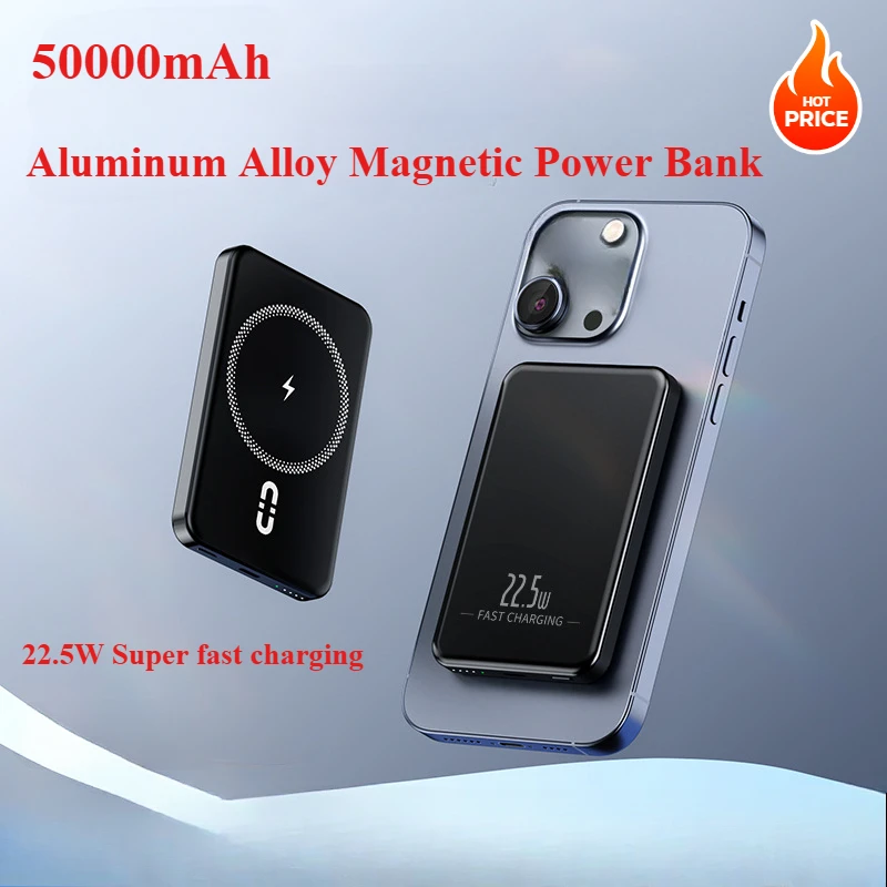 Portable 50000mAh Magsafe Aluminum Alloy Power Bank Magnetic Wireless Fast Charging External Battery Charger for IPhone Xiaomi