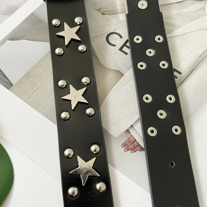 Punk Genuine Leather Belt Waistband with Stars Rivet Square Buckle Waist Retro Casual Fashion Cool Belts for Men Women Luxury