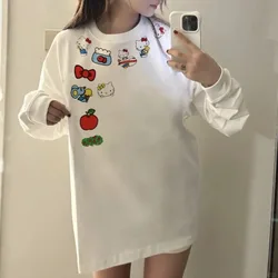 Sanrio Hello Kitty New Pure Cotton Printed Long Sleeved T-shirt Korean Version Simple Design Y2k Girl Loose Casual Versatile Top