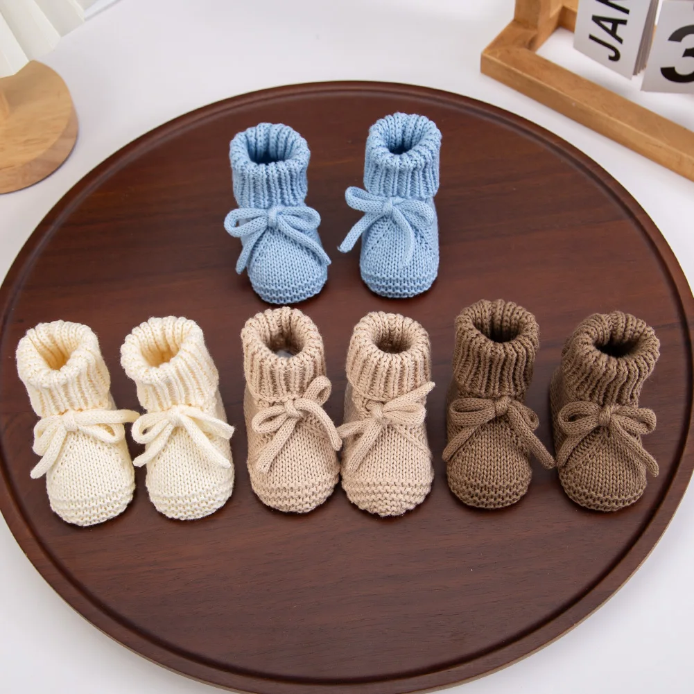 1Pair 0-12M Ins Cream Coffee Knitted Hairbows Baby Socks Handmade Crochet Ankle Sock Infant Solid Fall Winter Footwear Stockings