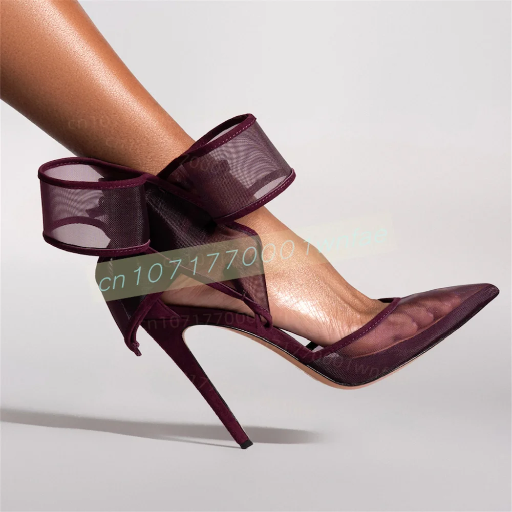 Women High Heel Sandals Pointed Toe Stiletto Pumps Bow Detail Mesh Shoes Ankle Strap Slingback Party Wedding Evening Fashion 46