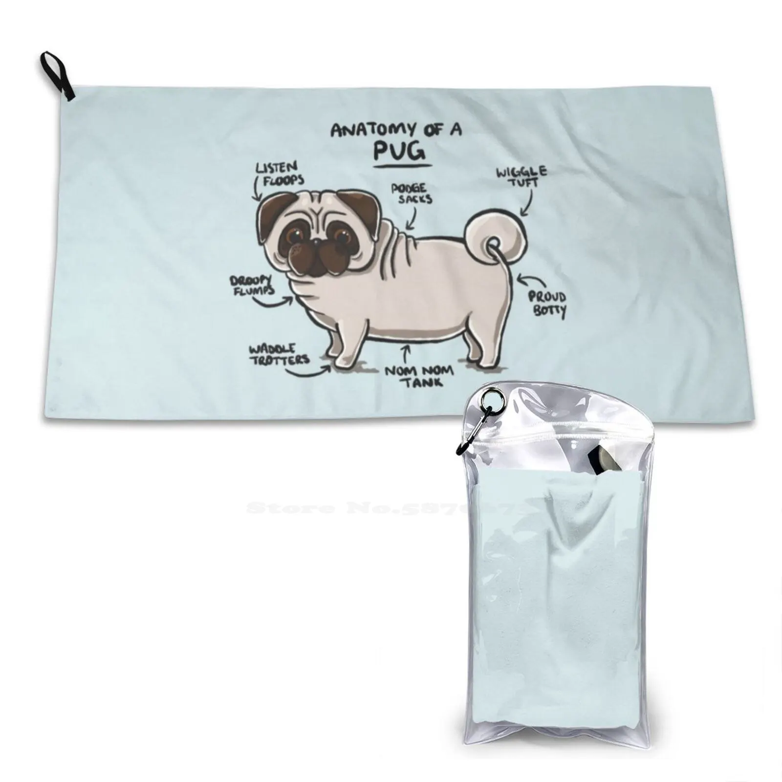 Anatomy Of A Pug Soft Towel Quick Dry Beach Towel Pug Dog Anatomy Cute Puppy Cream Black Beige Paws