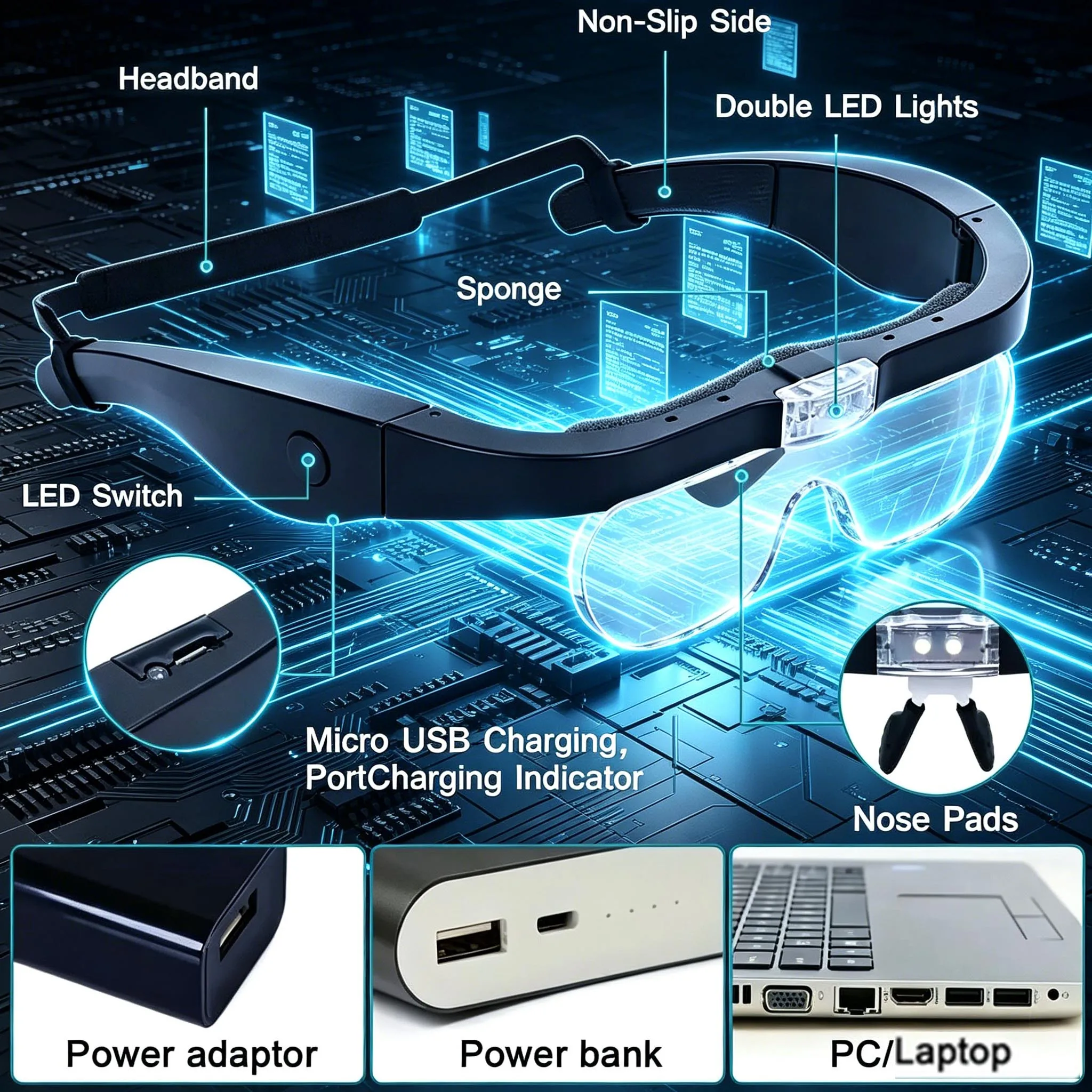 Image of Am Kopf getragene Vergrößerungsbrille mit 2 LED-Leuchten zum Lesen, Uhrmacherreparatur, wiederaufladbare USB-Lupe 1,5X 2,5X 3,5X 5,0X