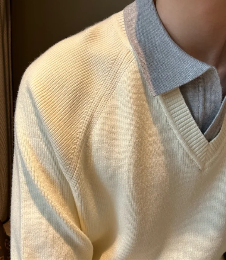 Casual fake two-piece V-lapel polo pullover solid color 100% pure cashmere knitted sweater