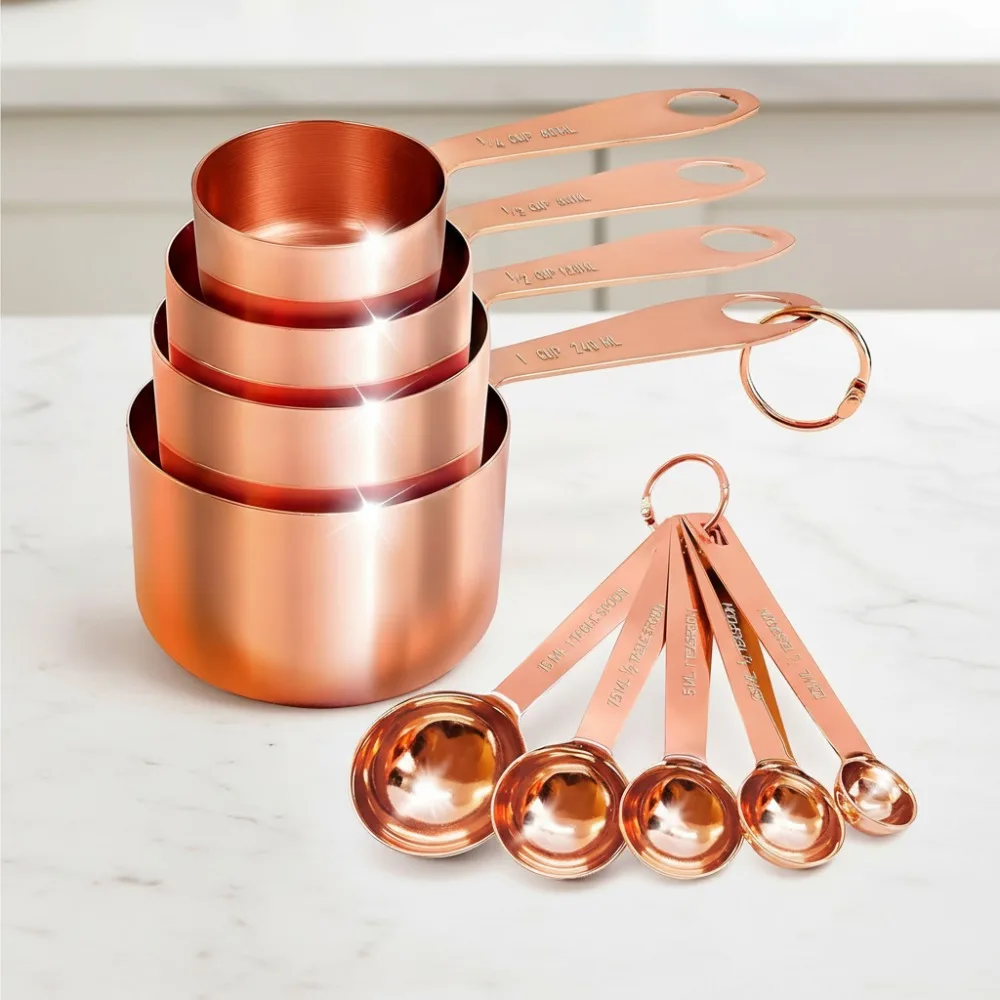 

9-Piece Copper Measuring Cups & Spoons Set, Stackable Kitchen Utensils for Dry/Liquid Ingredients, Stainless Steel