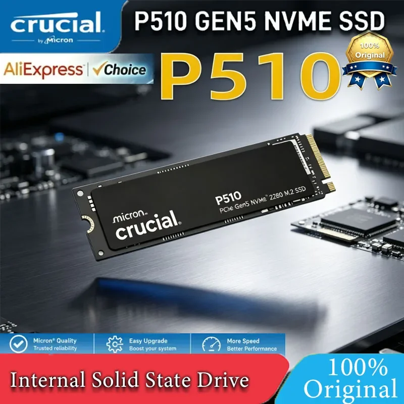 Crucial P510 SSD NVMe de 1TB, SSD NVMe Gen5 de 2TB, SSD PCIe 5.0 M.2 2280, Unidade de Estado Sólido Interna, Compatível com Laptop e Desktop