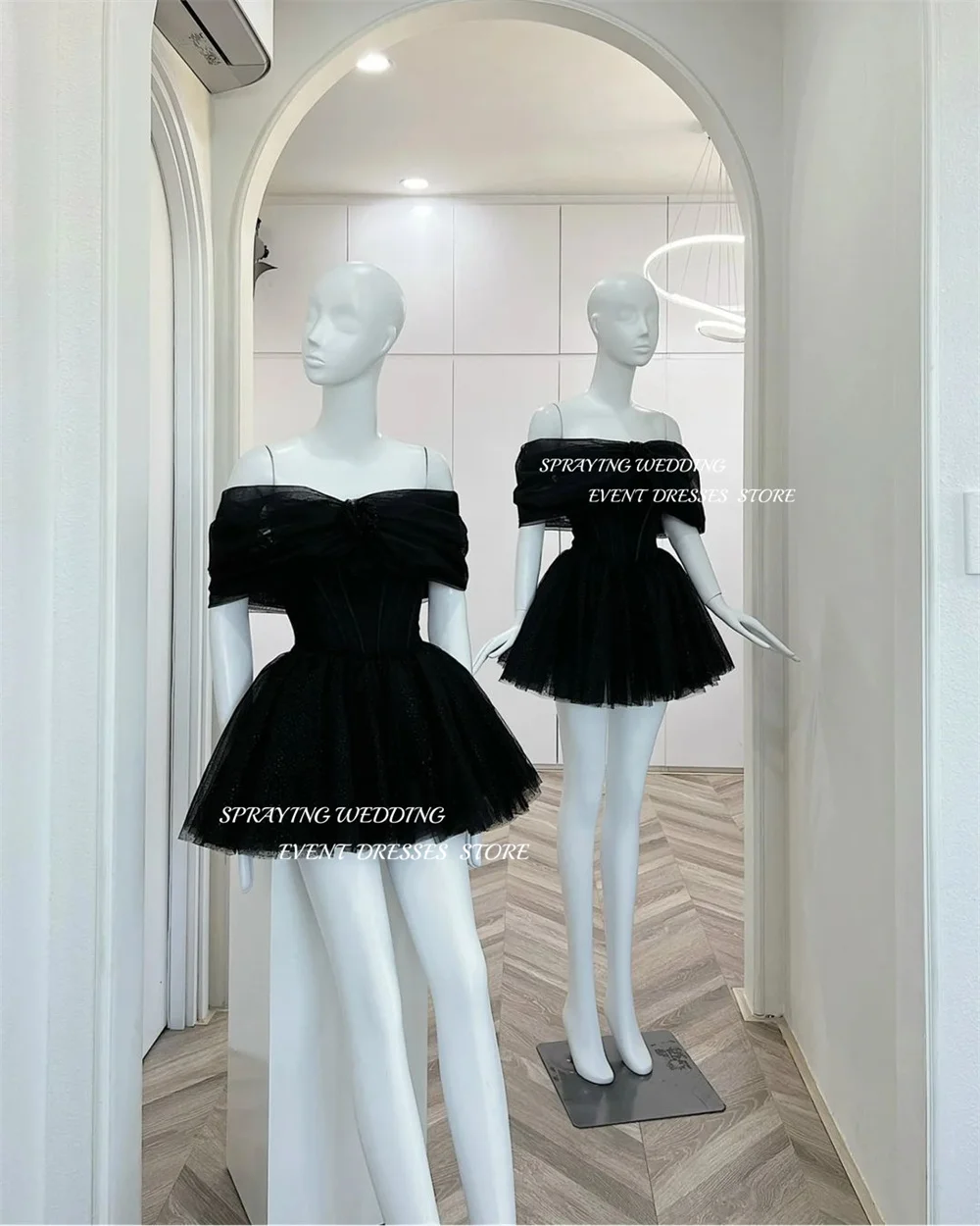 SPRAYING Black Pink Simple Off the Shoulder Tulle Prom Dress A-line Mini Short Sparkly Cocktail Dress 2024 Special Event Dresses