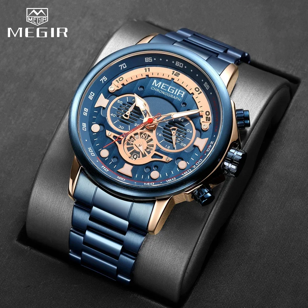 MEGIR Men's Business Chronograph Quartz Watch Stainless Steel Waterproof Luminous Analogue 24-hour Date Blue Wristwatch for Man