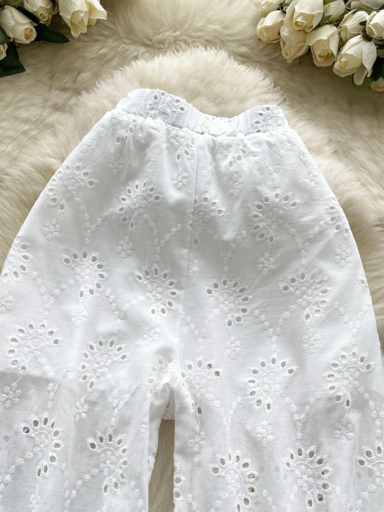 Korean version summer new versatile high waisted pants women's fashion heavy industry hollow out embroidery wide leg pants