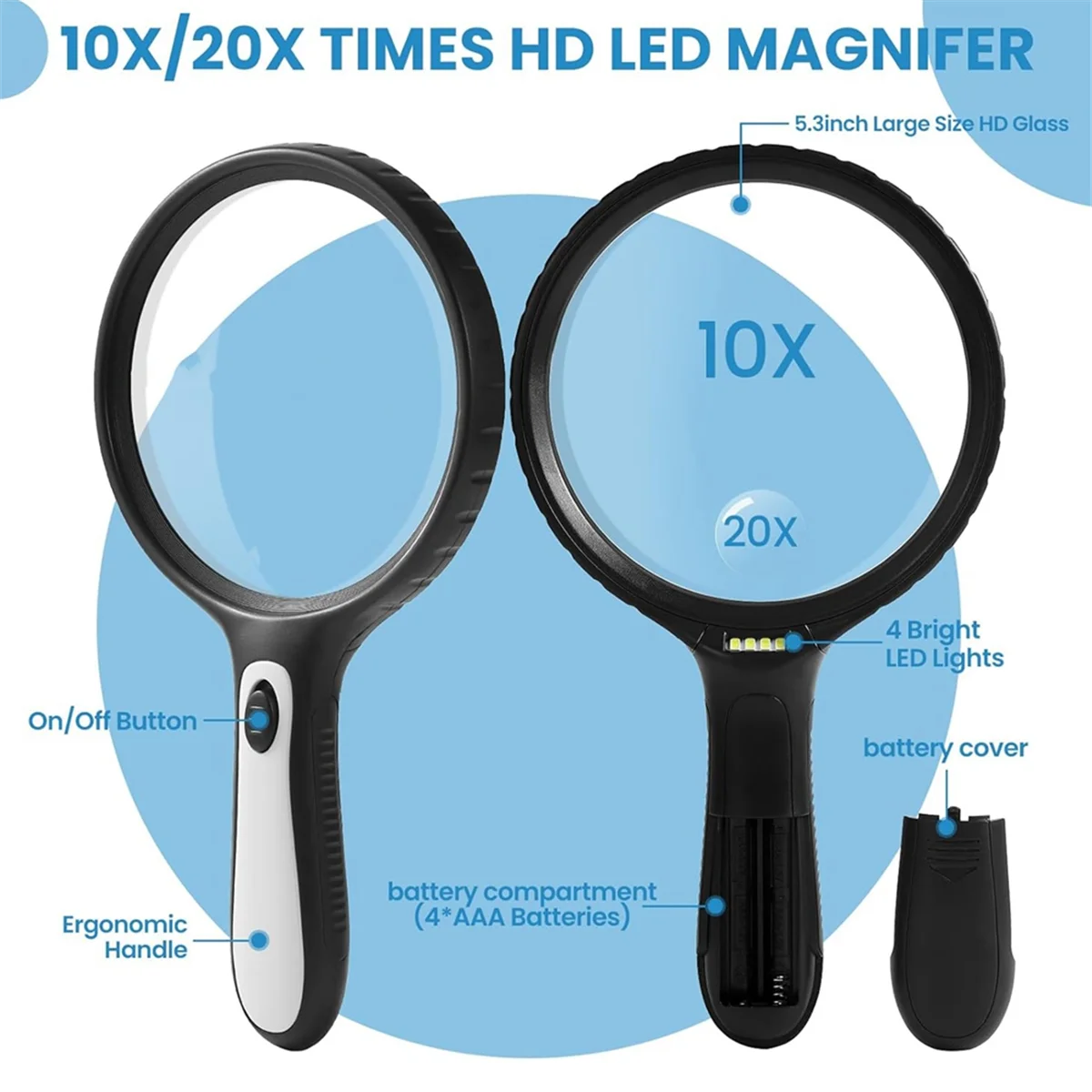 A99U Magnifying Glass with Light,10x 20x Handheld Magnifying Glass with 4 LED High Brightness Lights, for the Elderly to Read