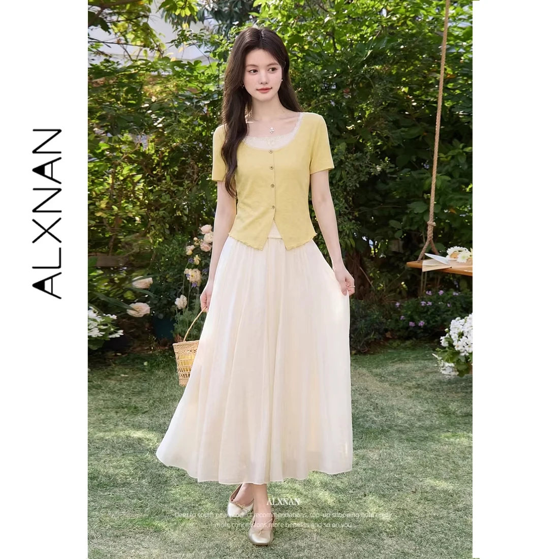 ALXNAN Blue Women's T-shirt with Lace Collar Elegant Wooden Flower Buttons Tees Casual Fake Two-piece Short Sleeve Top L62123-5 view 5
