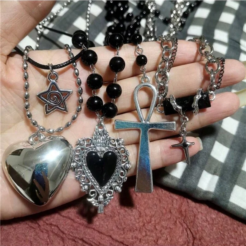 5Pcs Gothic Cross Heart Pendant Necklace Set Black Beads Wax Rope Chain Y2K Dark Punk Jewelry