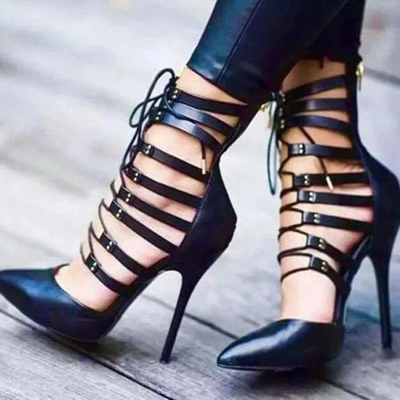 

Rome Shoes Strappy Sandals Women Pointed Toe Cut-out Lace-up Cross Strap Thin Heels Pump Shoes Women