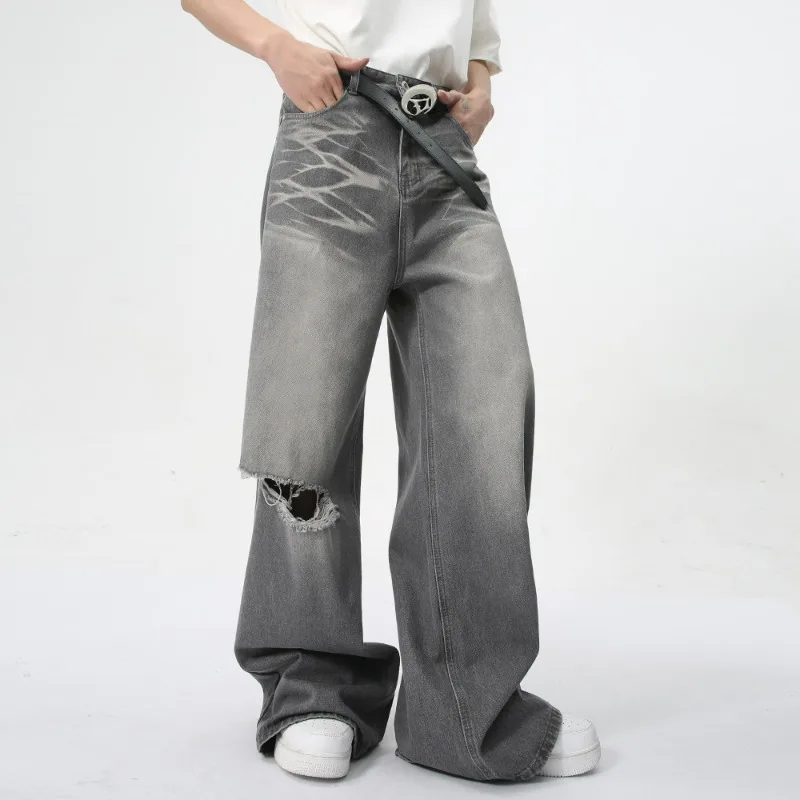 

KIDWHXR Man Denim Pant American Retro Contrast Color Hole Male Full Length Pant Loose Straight Washed Casual Men Trousers