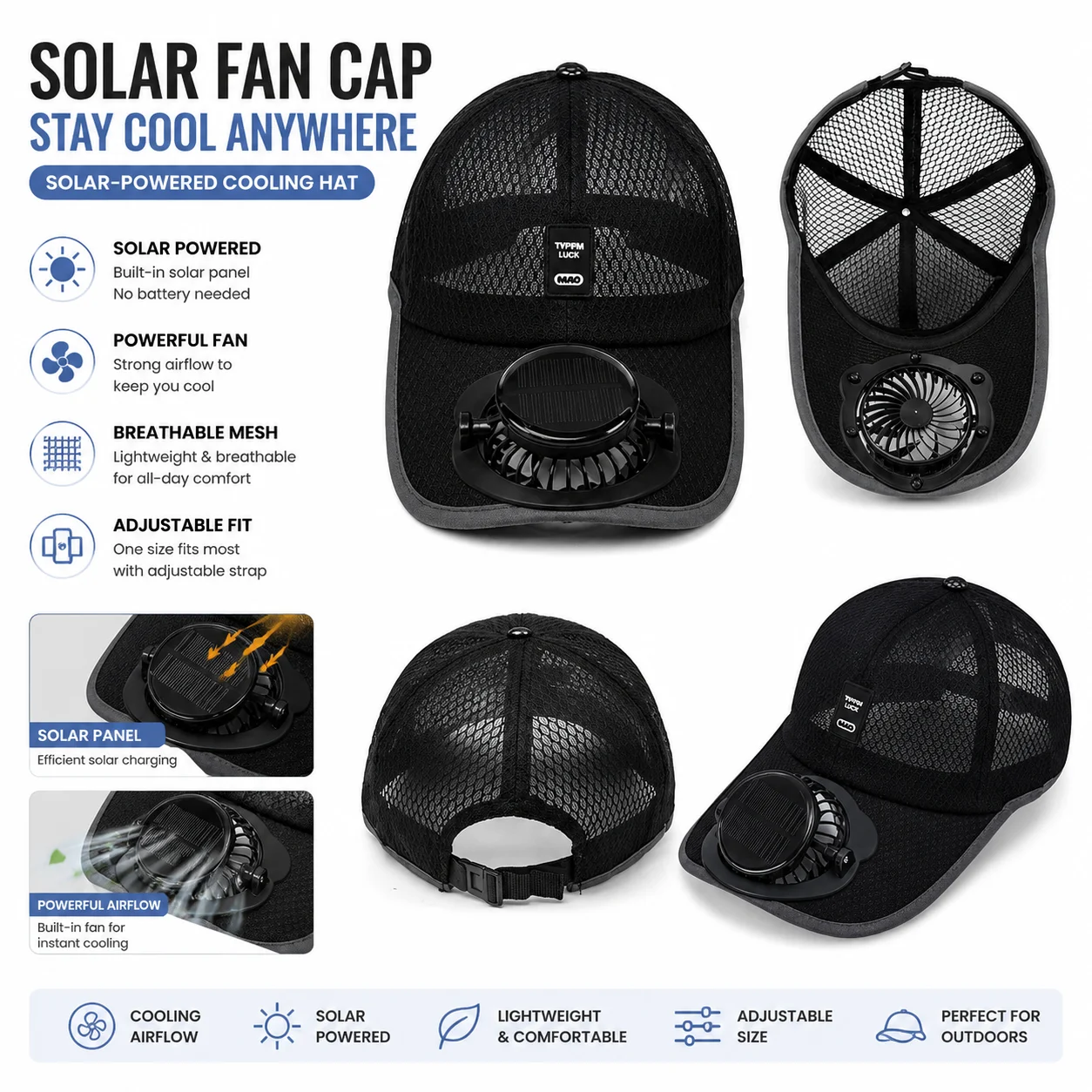 Breathable Anti UV Baseball Cap with Solar Powered Fan USB Charging Sun Hat for  Outdoor Hiking Camping Fishing Cooling Wear