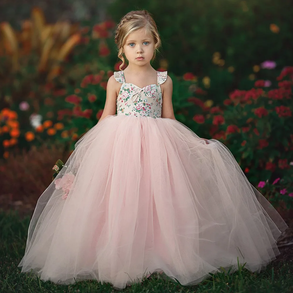 New 1-6years Pink Flower Girl Dress Toddler Kids Lace Wedding Party Costumes Clothes Cute Summer Children Clothing