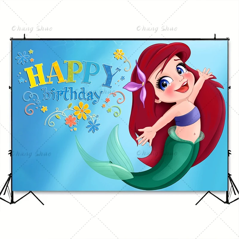 Disney Princess Ariel Backdrop Little Mermaid Girls Birthday Party Decoration Banner Baby Shower Vinyl Photography Background