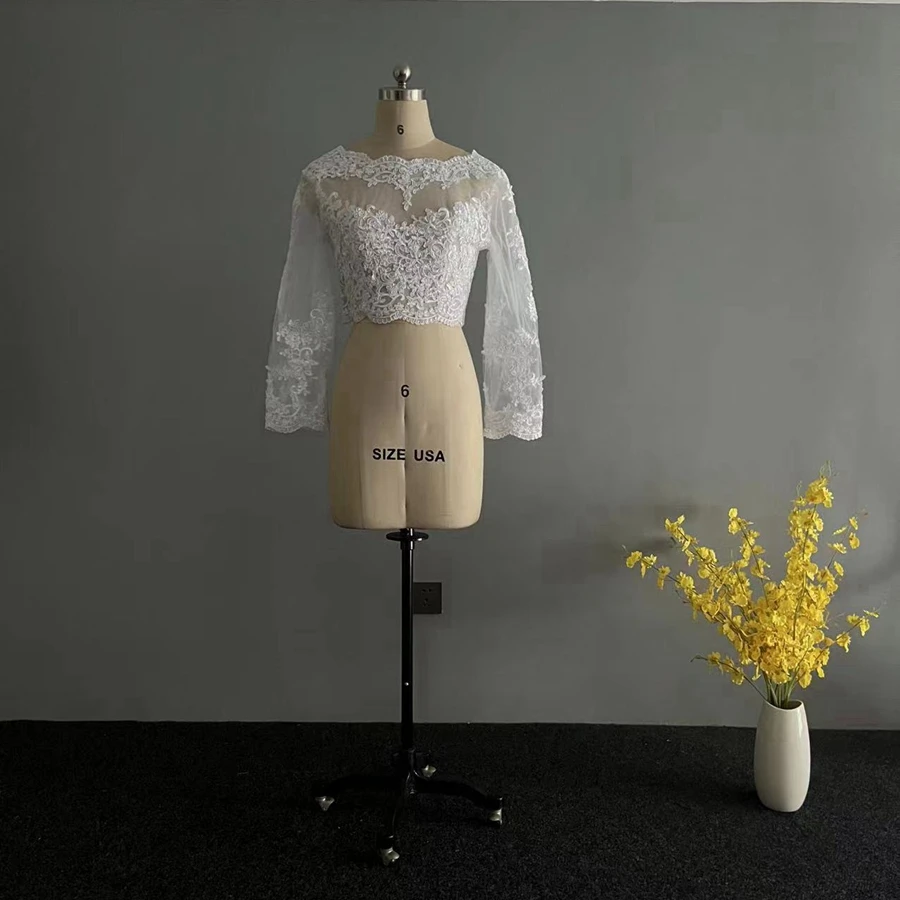 New Arrival Lace Appliques Shares of Women's Long Sleeve White Lace Shoulders Cropped Bolero Wedding Jacket 2025 Bridal Wraps