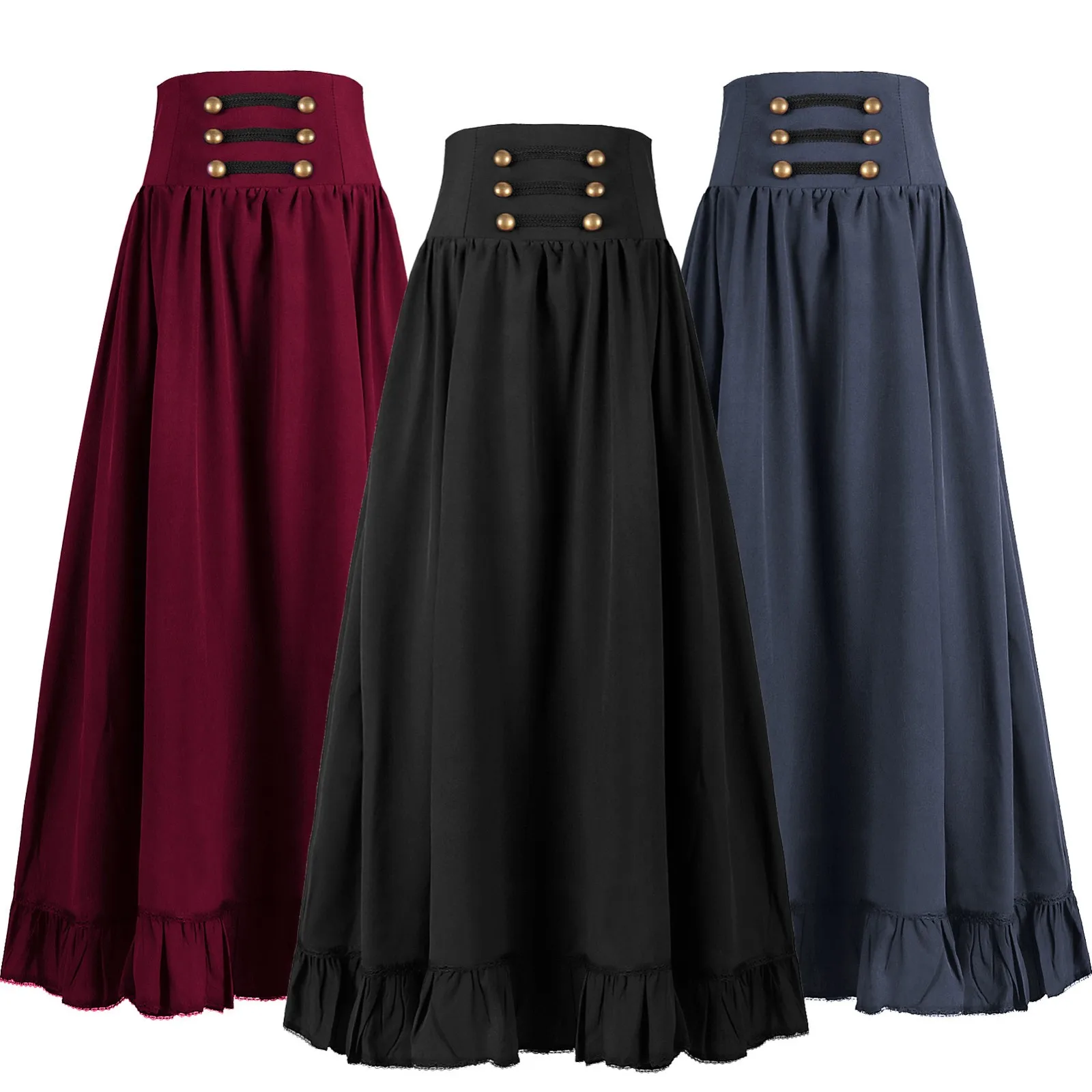 Vintage Medieval High Waisted A Line Skirt Ruffle Hem Party Prom Cosplay Long Skirts For Women Renaissance Swing Skirt Faldas