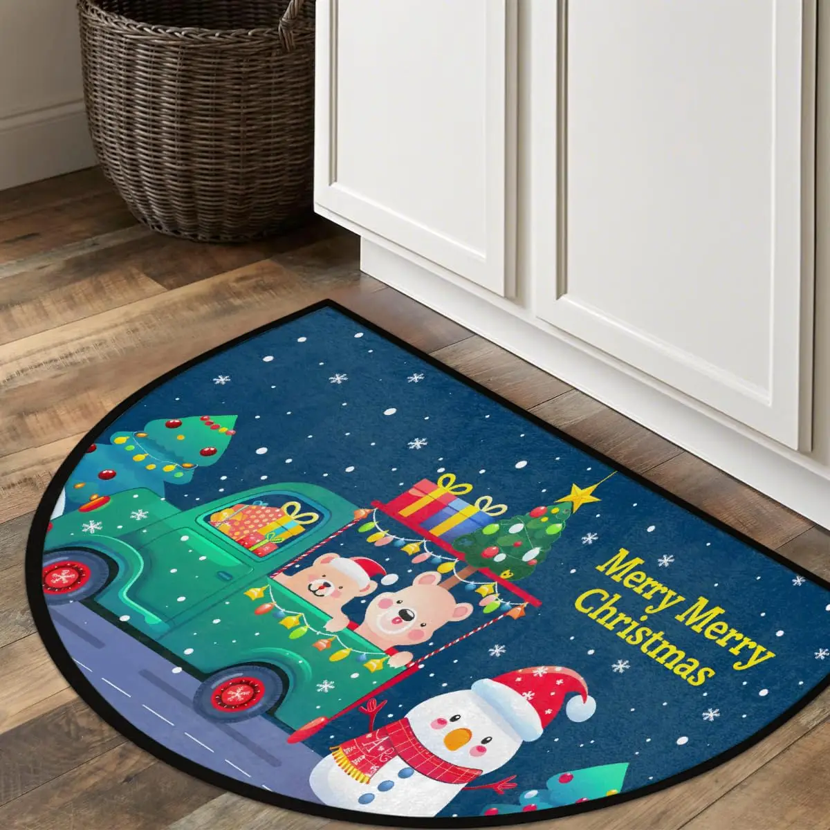 VIKAMA Christmas Truck Half Round Door Mat Non-Slip Entrance Welcome Mat for Indoor Semi Circle Bathroom Floor Mats Home Decor