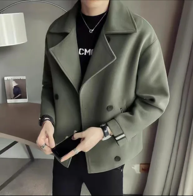 

Mens Autumn Winter Solid Color Jacket Wool Cropped Coat Trendy Casual Slim Lapel Streetwear