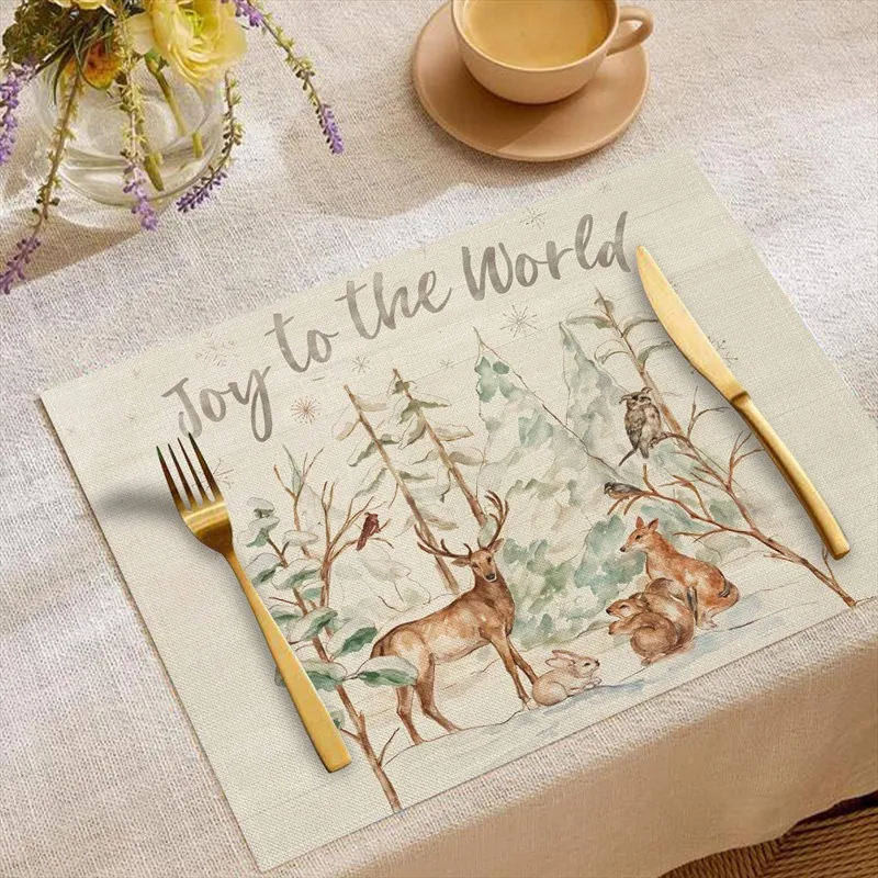 VIKAMA Linen Placemats Woodland Deer Fox, Cream Beige, Stain Resistant Easy to Clean, Dining Table Rustic Holiday Decor