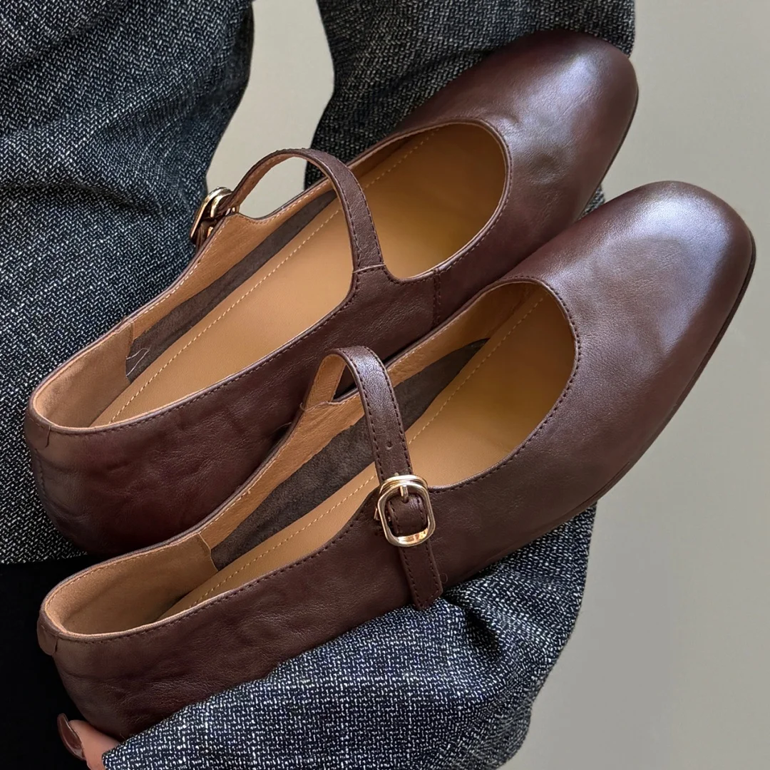 

Women's cow leather metal buckle slip-on Mary Jane ballet flats square toe gradient color retro casual female daily slim shoes